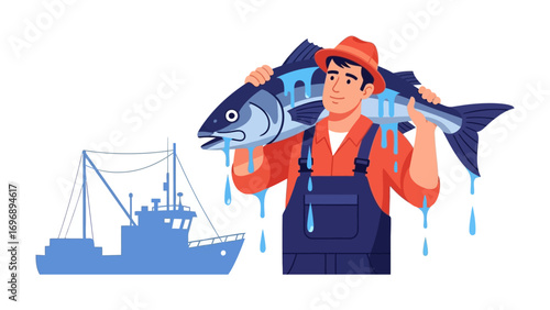 Coastal Catch: A fisherman proudly displays his prized catch of the day, a sizable fish, set against a stylized backdrop of a fishing vessel, capturing the essence of the sea's bounty. 