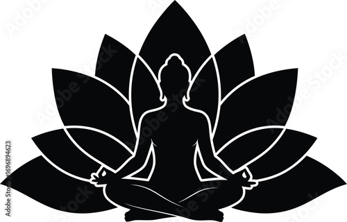 Silhouette of a meditating Buddha figure seated in lotus position, surrounded by lotus flower petals.