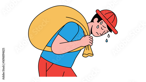 The Burden Bearer: An illustrated figure grapples with a weighty sack, expressing visible stress and the strain of carrying a heavy burden, capturing the physical and emotional toll of hardship.