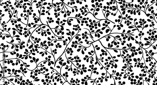 Black and white floral pattern with repeating branches and berries.