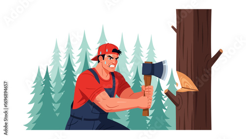 Lumberjack Felling a Tree: A determined lumberjack, equipped with an axe, brings down a towering tree in a vast forest, showcasing the strength and determination of nature's workforce.