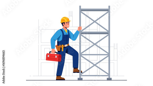 Construction Worker on Duty: A diligent construction worker ascends a scaffolding, equipped with a toolkit, embodying professionalism and the pursuit of progress.