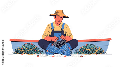 Fisherman Mending a Net: A dedicated fisherman meticulously repairs his fishing net while seated inside a quaint boat, symbolizing the labor of a maritime lifestyle and a connection to the ocean.