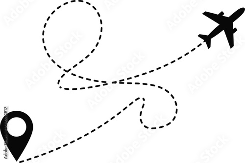 Airplane icon flying along a winding, dashed line route from a map pin starting point.