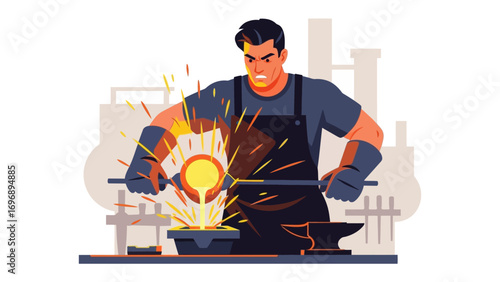 Forging the Future: A skilled artisan intently works on a molten project, sparks fly amidst the dynamic illustration, symbolizing both creativity and the industrial process