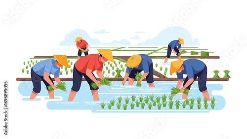 Fields of Labor: Capturing the essence of traditional farming, the artwork illustrates a collective of cultivators toiling in unison, showcasing a culture of collaboration, diligence.