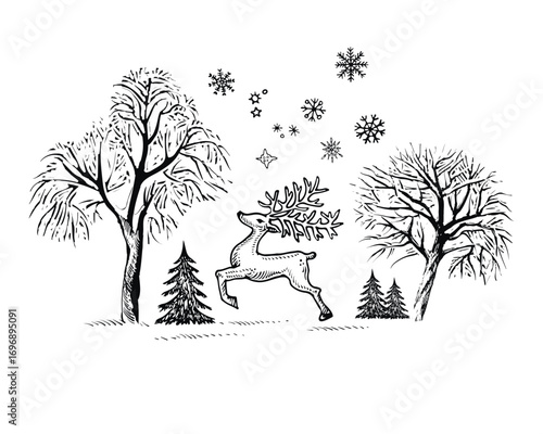 Jumping deer in the winter snowy forest, vector Christmas sketch of the holiday scene.