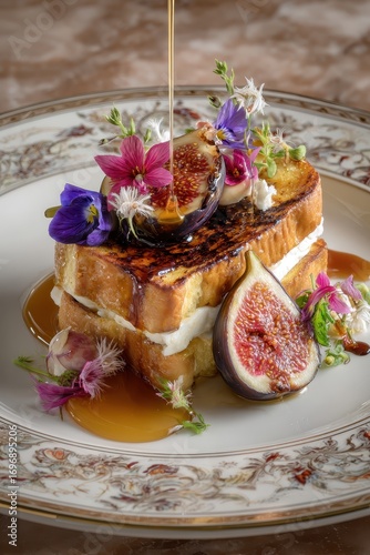 Delicious French Toast with Figs and Flowers.