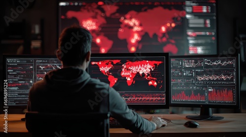 Cybersecurity Analyst Monitoring Global Threat Map on Multiple Screens.