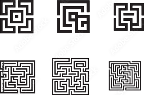 Black geometric mazes on white background labyrinth