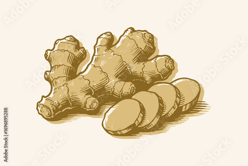 Hand-drawn ginger root with slices shown in detailed vintage sketch style on beige background, representing herbal or culinary concept