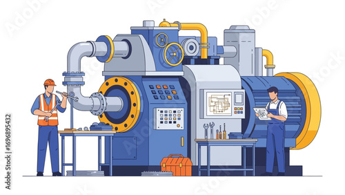 Engineers' Precision: Engineers meticulously inspect and maintain intricate machinery, showcasing their dedication and technical skills in a dynamic, industrial setting.