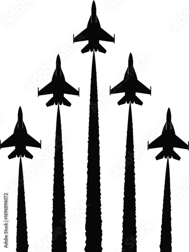 Military jet silhouettes in formation, five fighter aircraft with smoke trails, black aviation vector graphics for airshow posters
