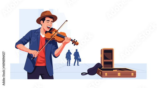Melody of the Street Performer: A spirited street musician plays his violin, radiating joy as he serenades the city with his artistry. The scene captures the essence of music, skill.