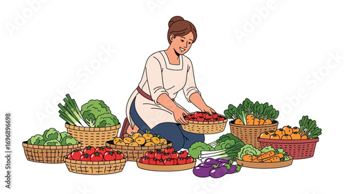 Farm Fresh Harvest: A woman tending a vibrant harvest of fresh, colorful vegetables, demonstrating a scene of abundance and wholesome living, showcasing the beauty of organic produce.