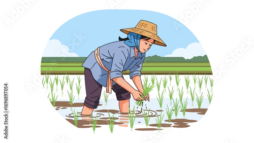 Hardworking Harvest: A farmer with traditional wear diligently cultivates in a rice paddy, showcasing the dedication and connection to the land.