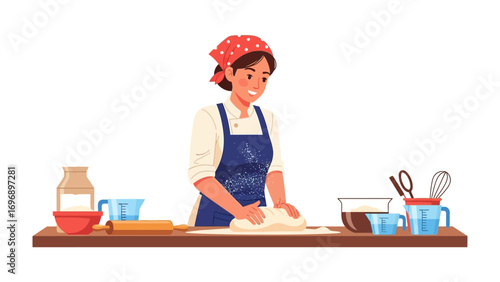 Baking with Joy: A skilled baker joyfully kneads dough at her kitchen counter, surrounded by essential baking ingredients, capturing the warmth of home and the art of culinary delight.