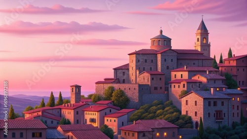 Wallpaper Mural Charming italian hilltop village bathed in the soft glow of a vibrant pink and purple sunset sky Torontodigital.ca