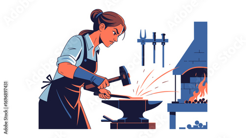 Blacksmith in Forge: A determined craftsperson hammers at her anvil in the hot forge, sparks flying in the air, with her intense focus and skill showcasing the artistry of the craft.