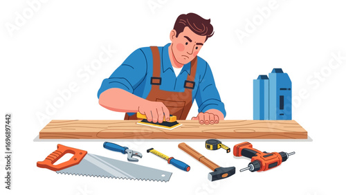 Craftsman at Work: Capturing a moment of focused concentration, a skilled craftsman meticulously shapes a piece of wood, surrounded by tools of his trade, ready to bring a new creation to life.