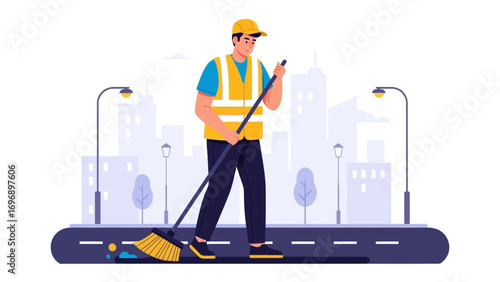Street Sweeper on Duty: A dedicated street sweeper diligently performs their duties, clearing debris from a city street, symbolizing cleanliness, responsibility, and community upkeep.