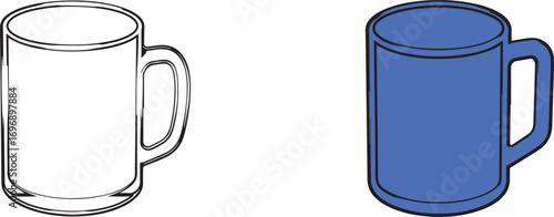 Simple illustration of a glass mug and a blue mug side by side