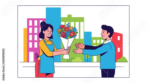 Floral Exchange: A heartwarming scene of a florist offering a vibrant bouquet to a client, showcasing an exchange of beauty and joy with colorful city backdrop.