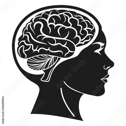 Black and white profile silhouette of a human head with a detailed brain illustration vector