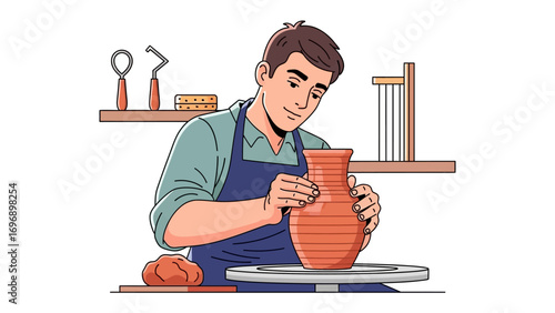 Crafting Ceramic Art: A skilled artisan meticulously shapes a clay pot on a pottery wheel, embodying the artistry and precision of the craft