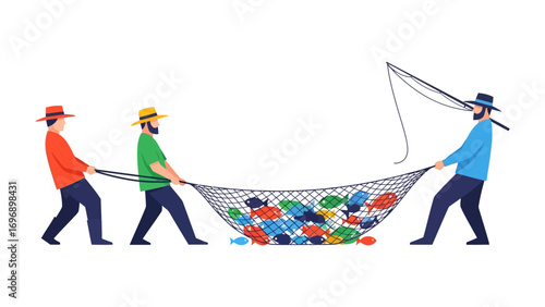 Fisherman’s Haul: A group of fisherman works in tandem to reel in their catch, using their strength and skill to gather the bounty from the sea. Illustrated with vibrant colors.