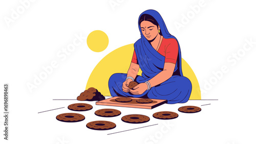 Woman's Crafts: Witness a moment of quiet diligence as a woman, wrapped in a traditional attire, meticulously crafts by hand. This illustrative image evokes themes of artistry, cultural heritage.