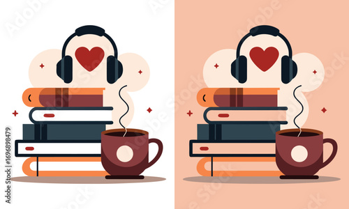 Cozy illustration of stacked books with headphones and a steaming coffee cup symbolizing the joy of listening to audiobooks and enjoying a warm beverage