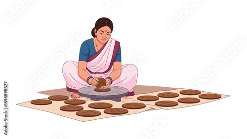 Woman Crafting Pottery: A serene woman, immersed in the craft of pottery, molds clay with skillful hands, surrounded by her creations, embodying the essence of traditional craftsmanship.