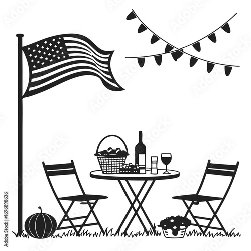 Black Silhouette Of A Picnic With American Flag And Fall Harvest table chairs