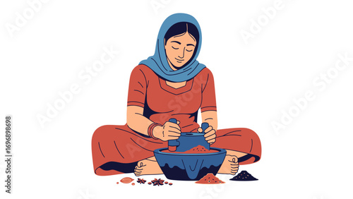 Traditional Culinary Practice: A woman in traditional attire meticulously grinds spices in a stone bowl, embodying the timeless art of preparing authentic cuisine and cultural heritage.