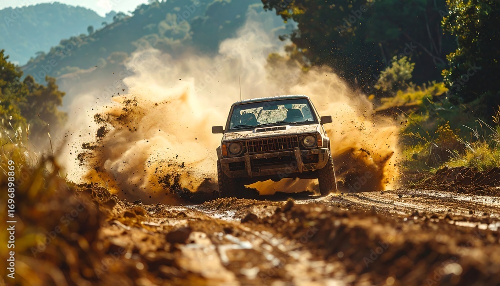 Fototapeta premium Off road vehicle powers through muddy terrain creating a large dust cloud