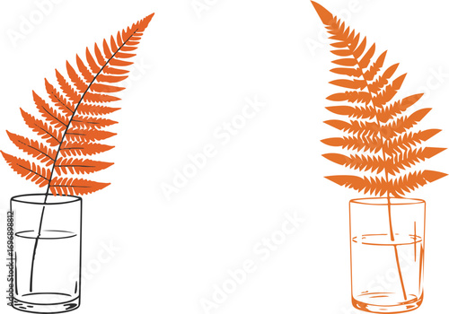 Two dried orange fern fronds in simple glass vases on white background