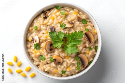 Delicious creamy mushroom and corn risotto top view