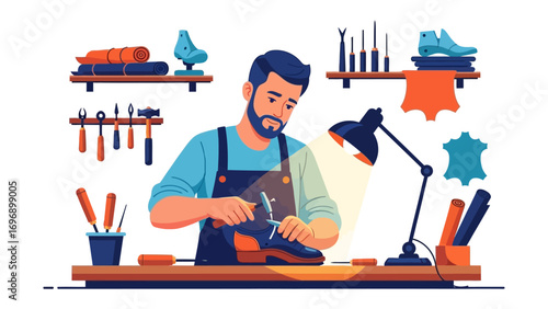 Artisan's Craftsmanship: A skilled artisan, immersed in the intricate art of shoemaking, meticulously works with leather, tools, and precision, demonstrating the dedication and pride in the craft.
