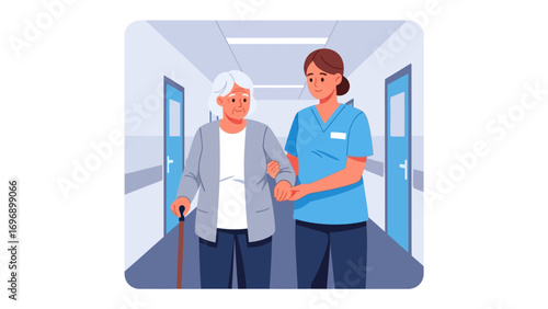 Caregiver's Gentle Support: An elderly woman, aided by a compassionate caregiver, navigates a hospital corridor, symbolizing support and companionship in healthcare settings.