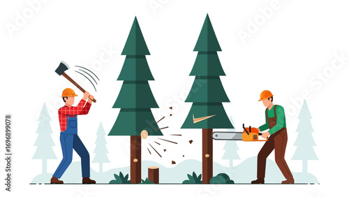 Tree Felling Process: Illustrative depiction of a logger wielding an axe and another with a chainsaw, engaged in felling a tall conifer tree, representing the raw power and precision of forestry.