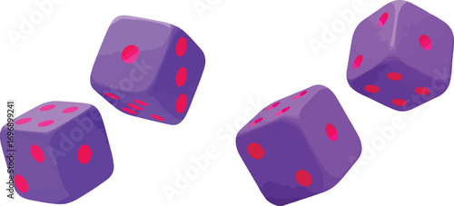 Four purple dice with red pips floating against a white background