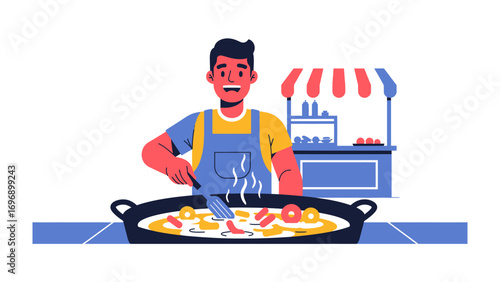 Culinary Craftsmanship: A cartoon illustration of a chef in action at a vibrant food stall. This image captures the art of cooking, with the chef meticulously preparing a delicious dish.