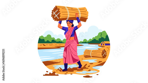 Burden of Labor: An illustration captures a woman carrying a bundle on her head, portraying strength and endurance in the face of hard work.