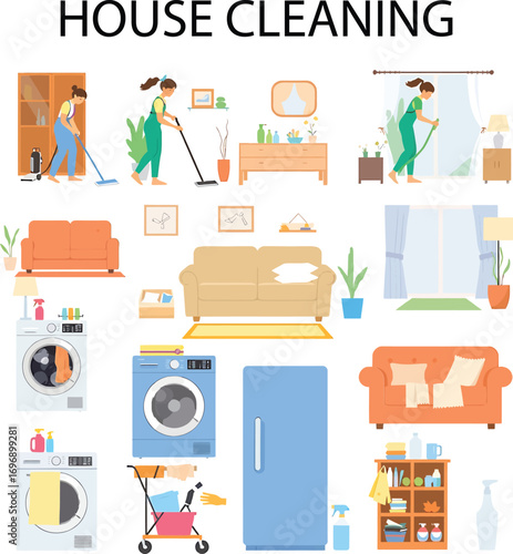 House Cleaning Icon Set on Solid White Background