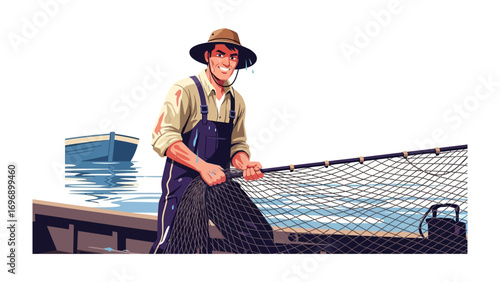 Fisherman at Work: Captivating artwork showcasing a dedicated fisherman engrossed in his trade, focused on hauling in his fishing net against a tranquil backdrop of water, boat, and sky.