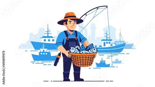 The Fisherman's Bounty: This illustration depicts a cheerful fisherman, proudly showcasing his abundant catch of fresh fish.