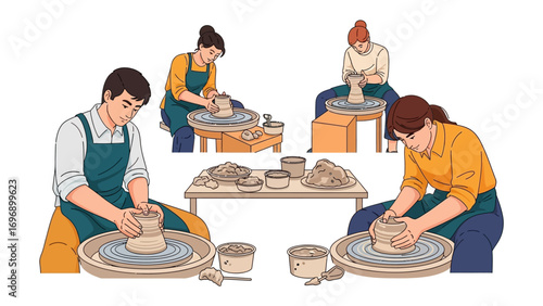 Crafting Tradition: An illustrated scene captures artisans skillfully shaping clay on a pottery wheel, embodying artistic expression and timeless craftsmanship. 