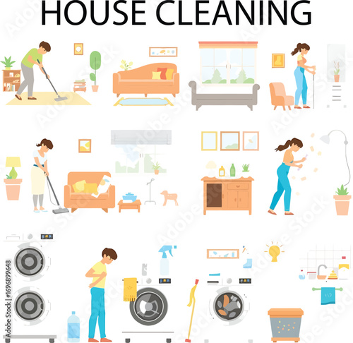 House Cleaning Icon Set on Solid White Background