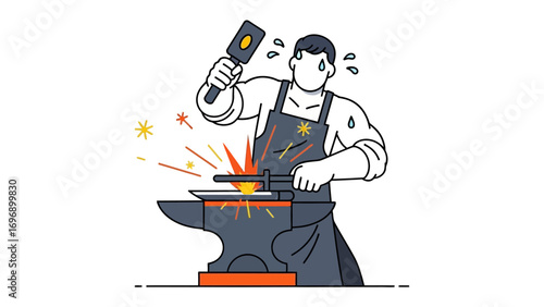 Smithy in Action: A dedicated artisan in the forge, hammering a red-hot metal on an anvil, demonstrating a traditional craft with strength and precision, sparks of creativity fly